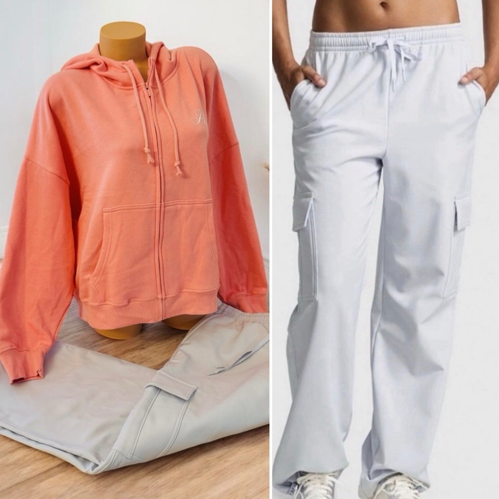 PINK Victorias Secret Fleece Ivy Hoodie Full Zip & Brushed Woven Cargo Pants XL